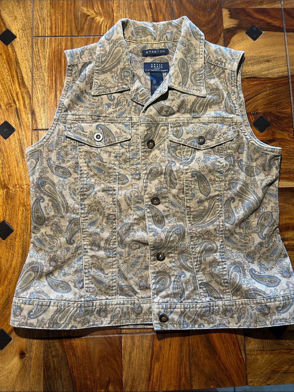 Claiborne Crazy Horse Paisley Trucker Vest in Blue and Tan